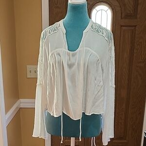 White Ruched Crop Blouse with Mandarin Collar